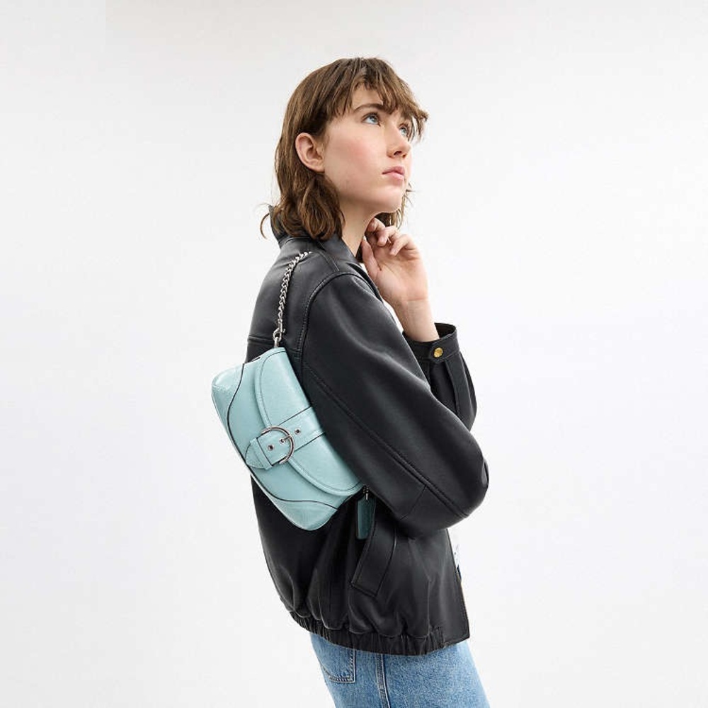COACH CAN43 Soho Bag 25 Shoulder/Crossbody Crinkle Patent Leather Light Blue - Picture 13 of 14